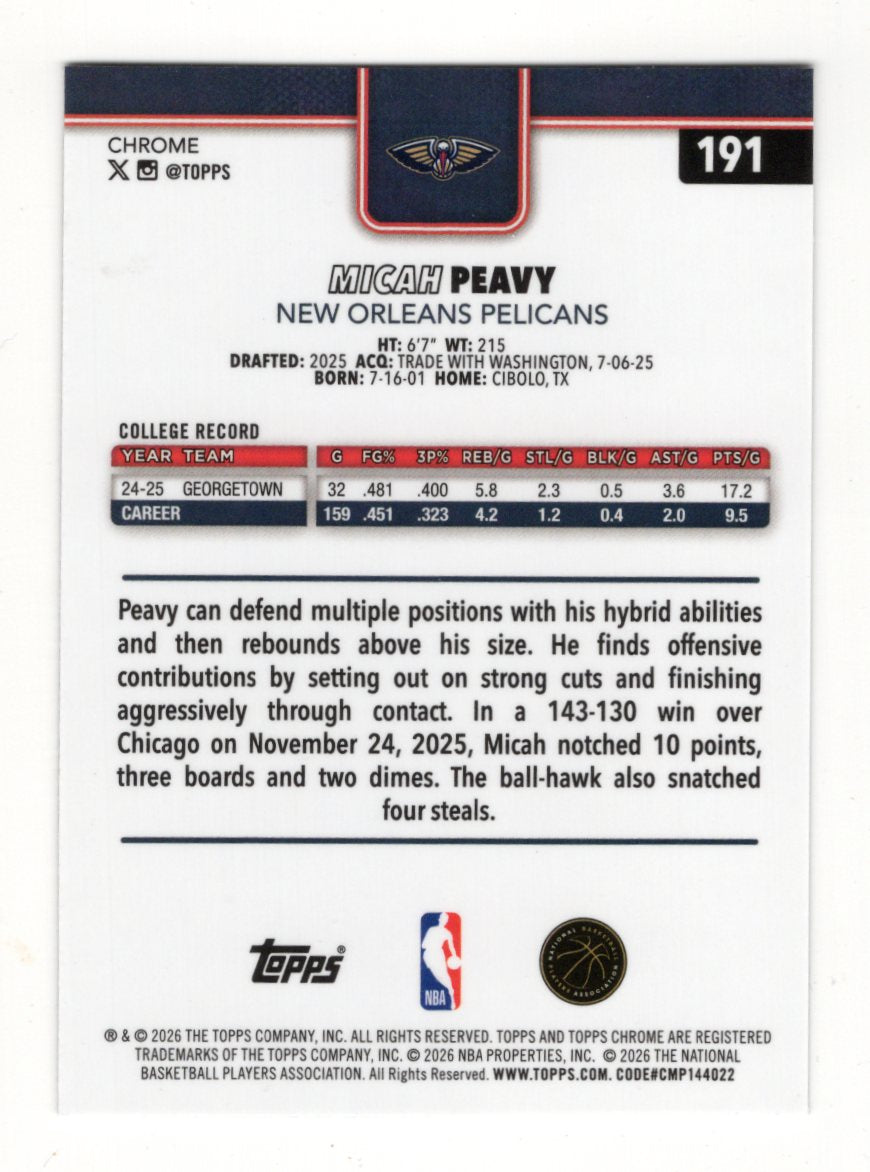 2025-26 Topps Chrome Update Micah Peavy RC #191 New Orleans Pelicans Base