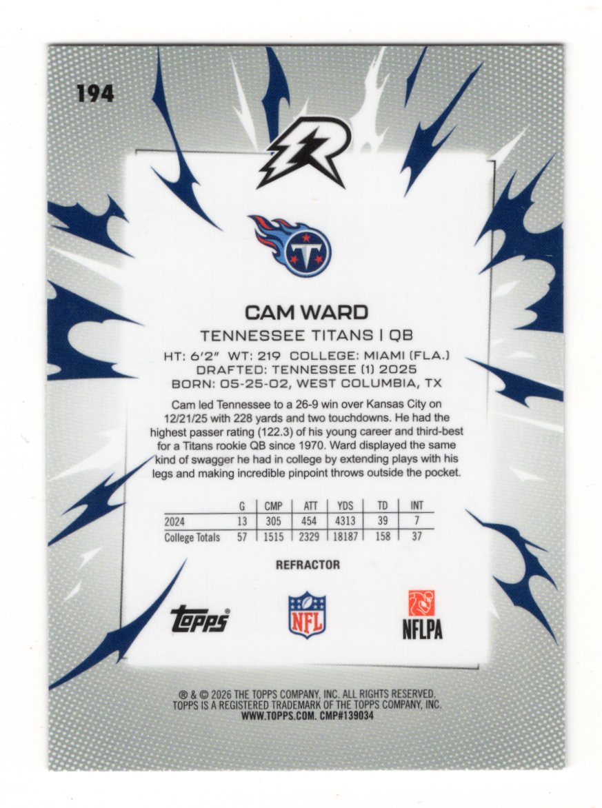 2025 Topps Resurgence Cam Ward Card Refractor Tennessee Titans