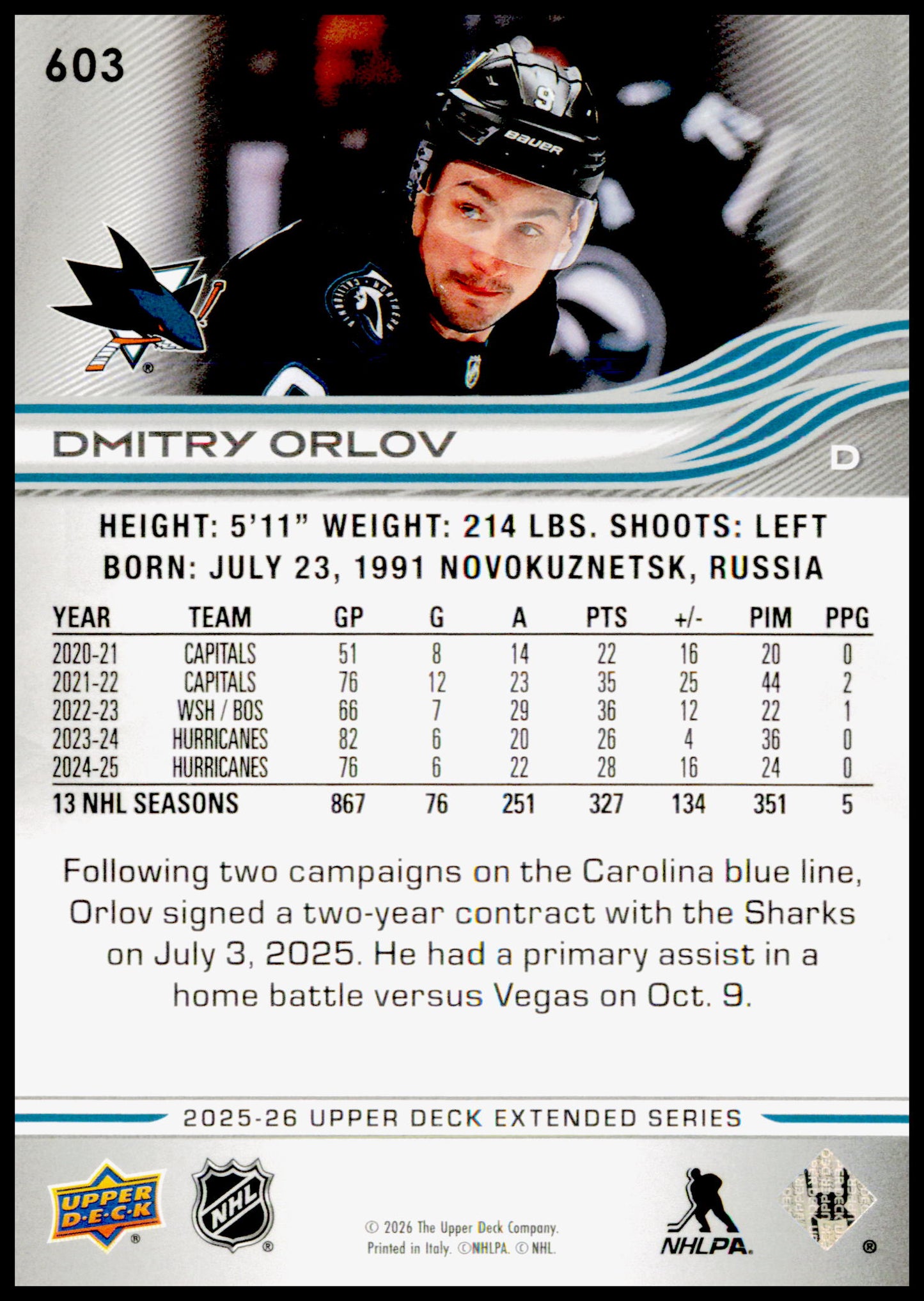 2025-26 Upper Deck Dmitry Orlov Card San Jose Sharks