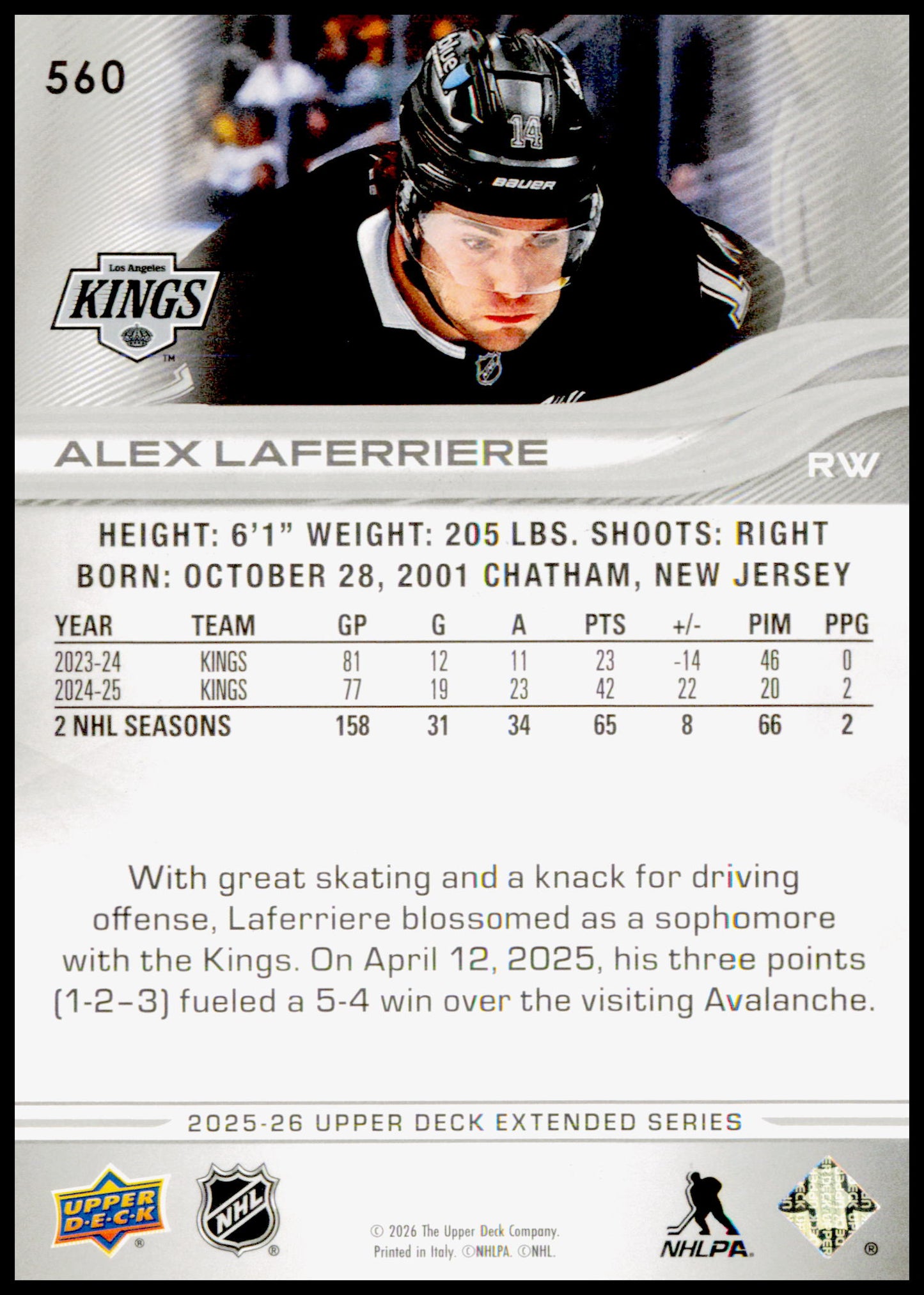 2025-26 Upper Deck Alex Laferriere Card Los Angeles Kings