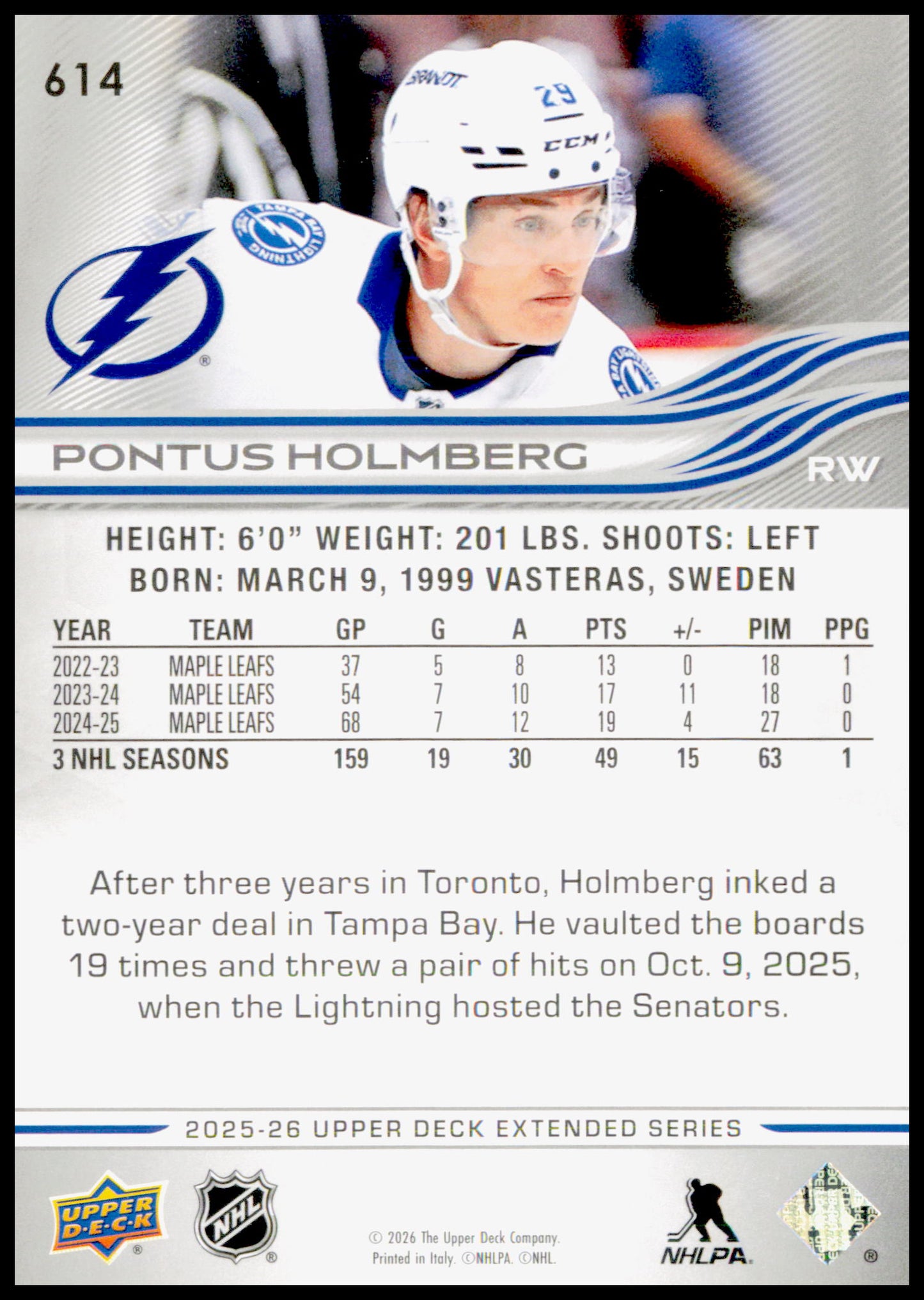 2025-26 Upper Deck Pontus Holmberg Card Tampa Bay Lightning