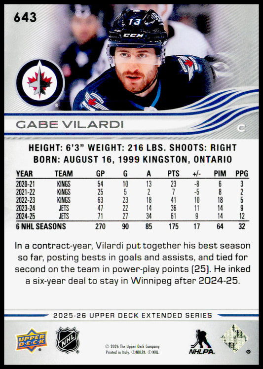 2025-26 Upper Deck Gabe Vilardi Card Winnipeg Jets