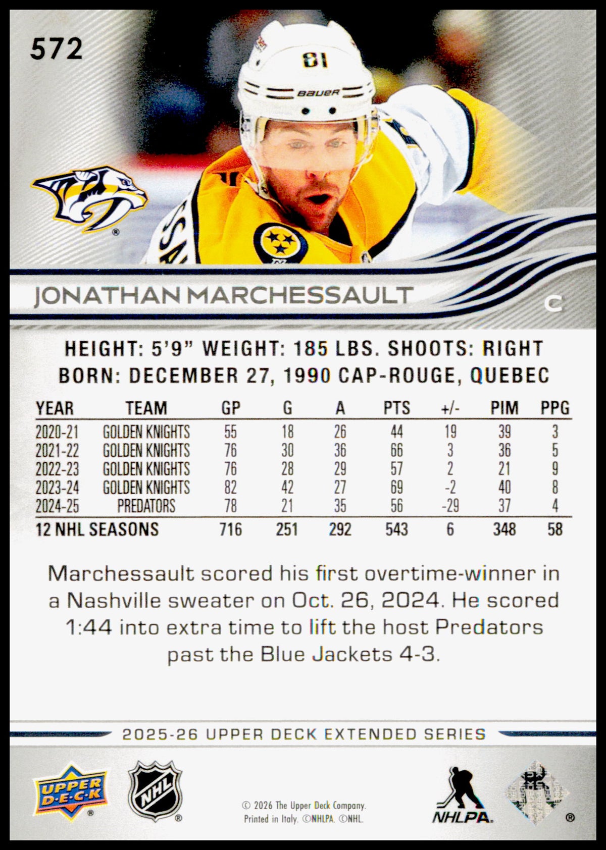 2025-26 Upper Deck Jonathan Marchessault Card Nashville Predators