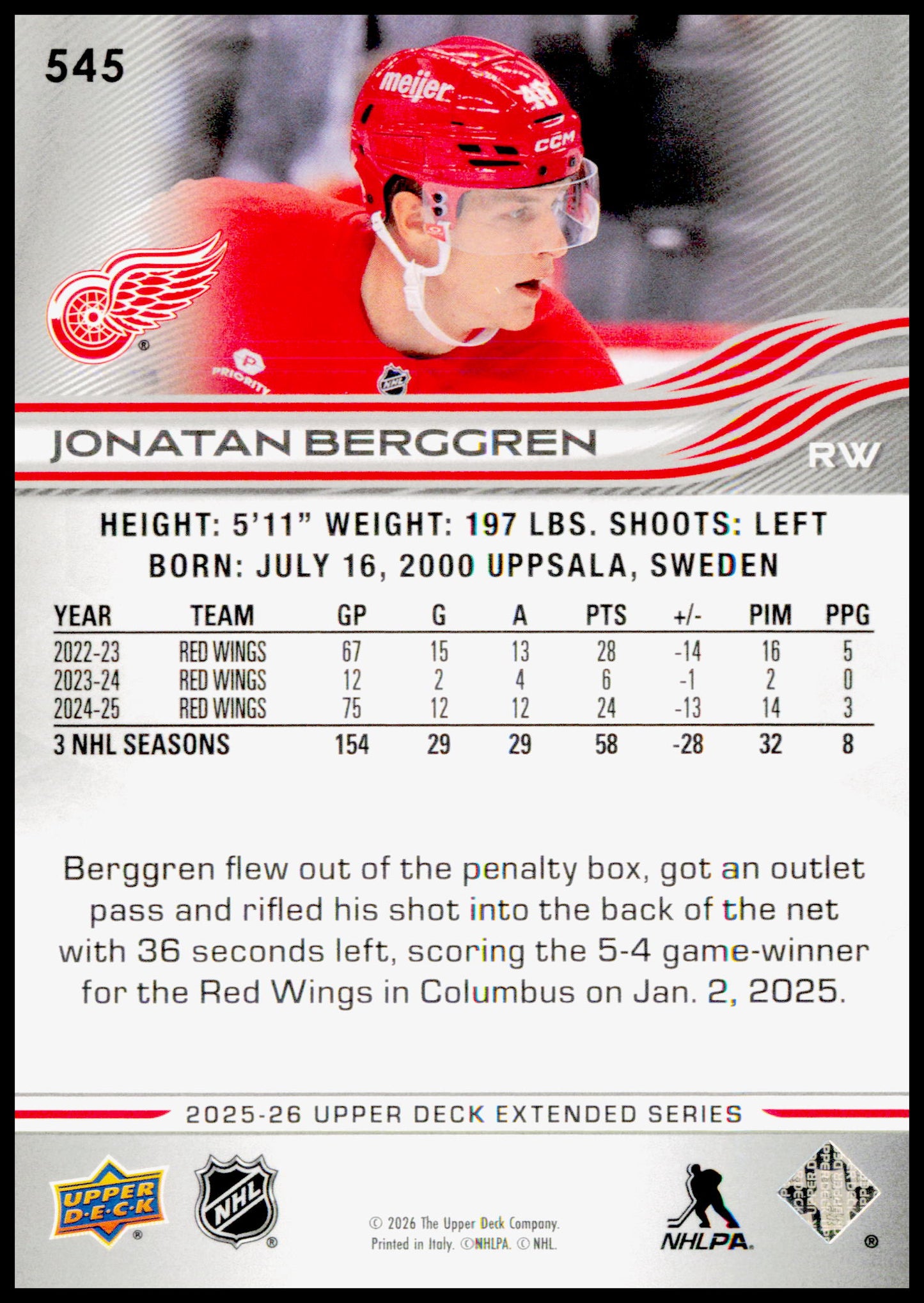 2025-26 Upper Deck Jonatan Berggren Card Detroit Red Wings