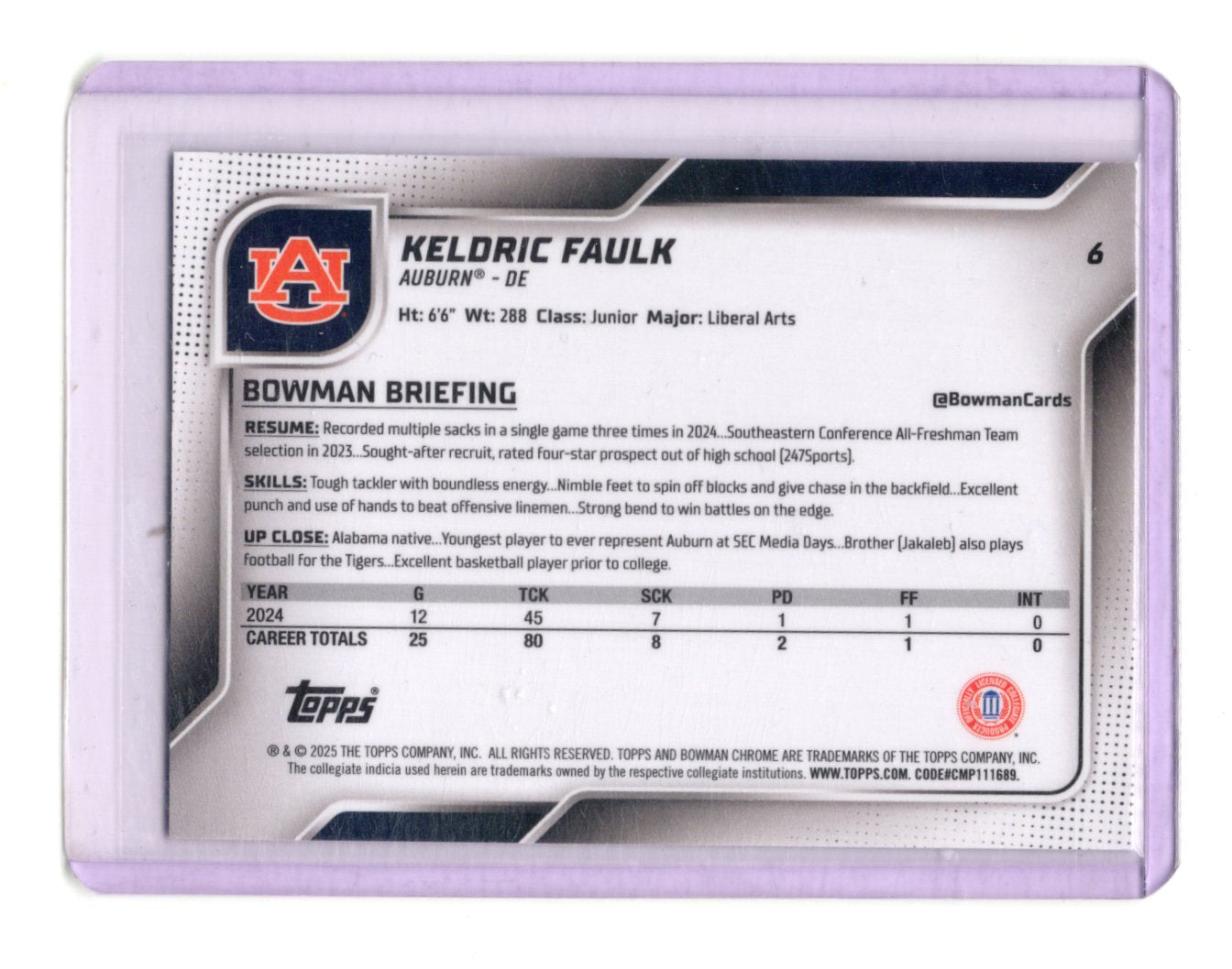 2025 Bowman University Chrome Keldric Faulk Pink Lava Refractor Auburn Tigers
