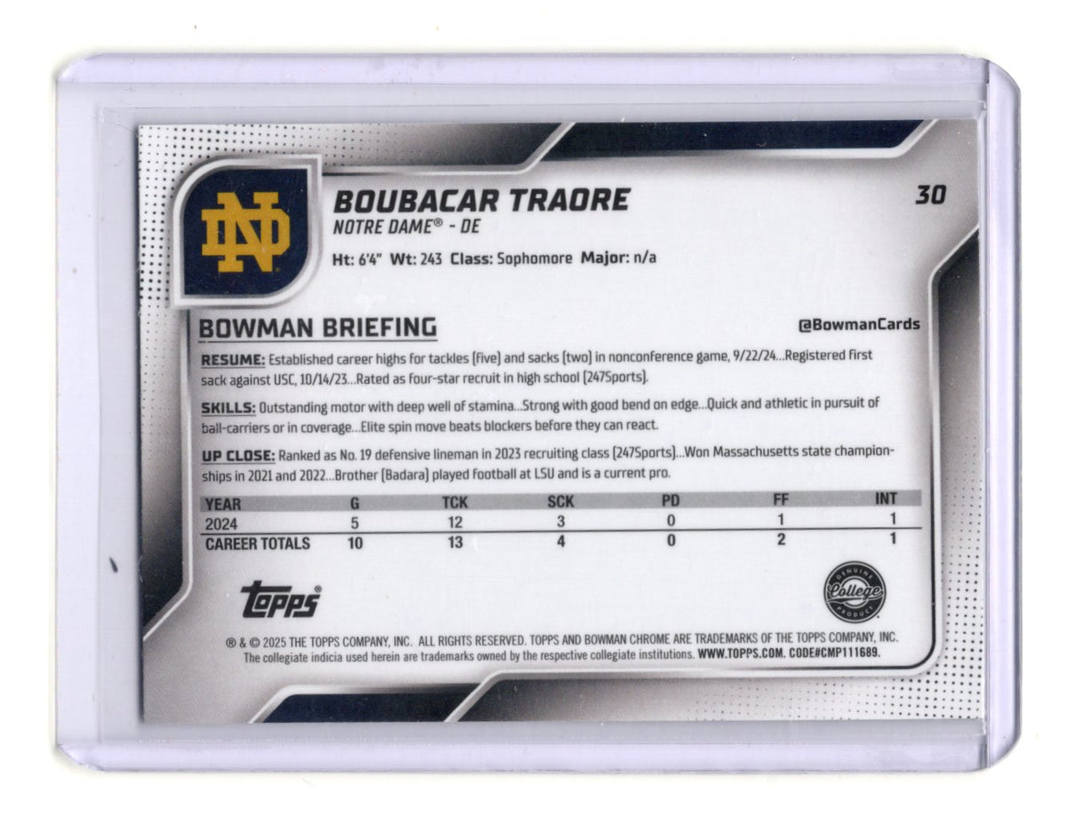 2025 Bowman University Chrome Boubacar Traore Card Notre Dame Fighting Irish