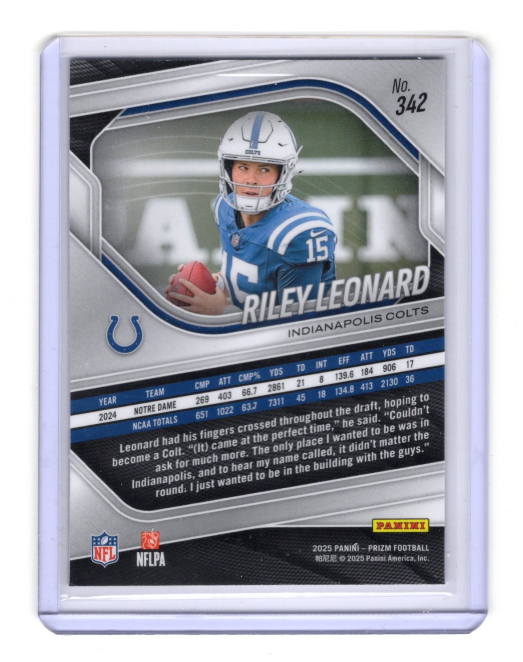 2025 Panini Prizm Riley Leonard Card RC Indianapolis Colts