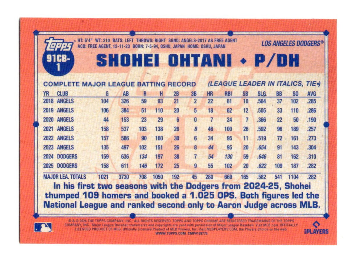 2026 Topps Chrome 1991 Topps Baseball #91CB-1 Shohei Ohtani Dodgers Insert