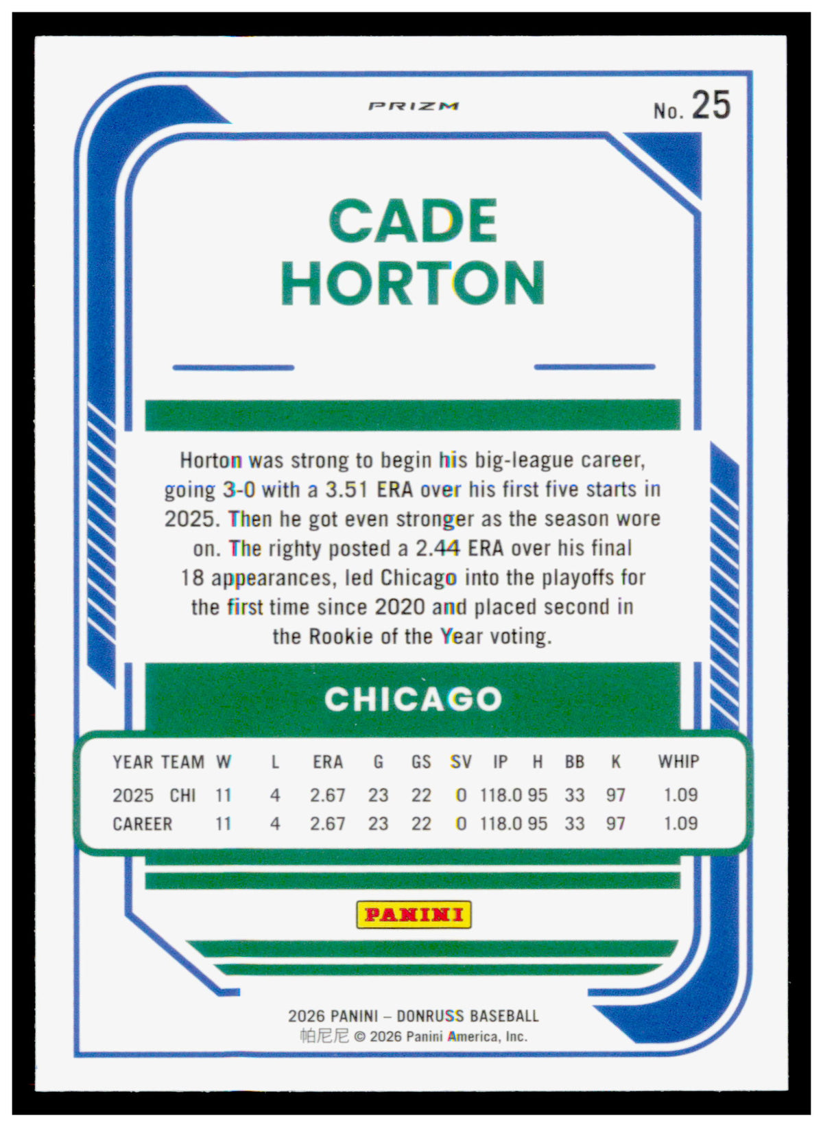 2026 Donruss Cade Horton Card Optic Orange Velocity Chicago Cubs