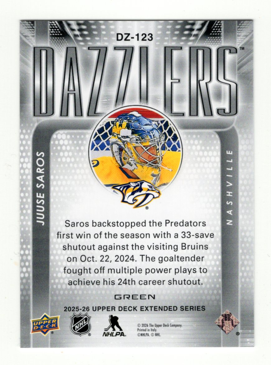 2025-26 Upper Deck Juuse Saros Card Dazzlers Green Nashville Predators