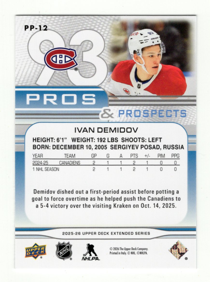 2025-26 Upper Deck Ivan Demidov Card Pros and Prospects Montreal Canadiens