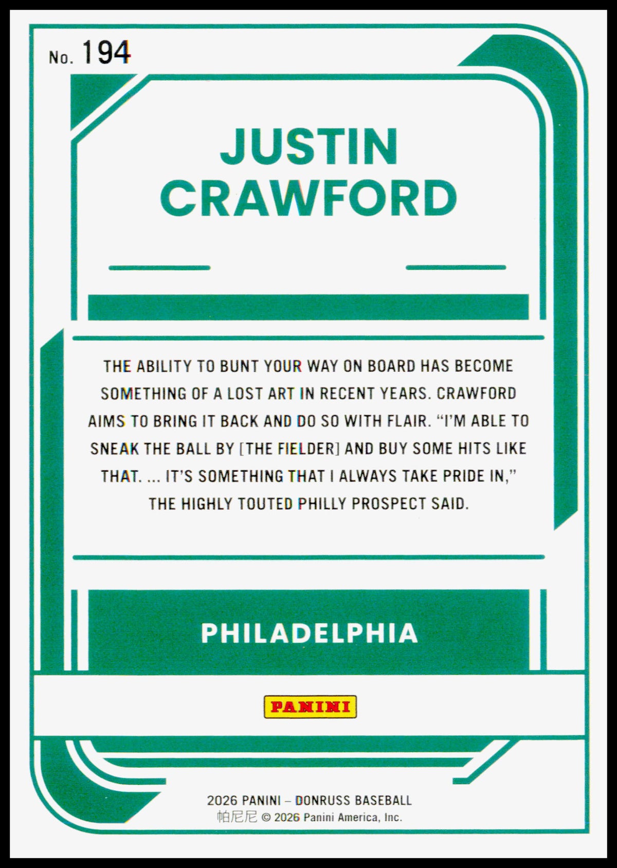2026 Donruss Justin Crawford Card Liberty Philadelphia Phillies