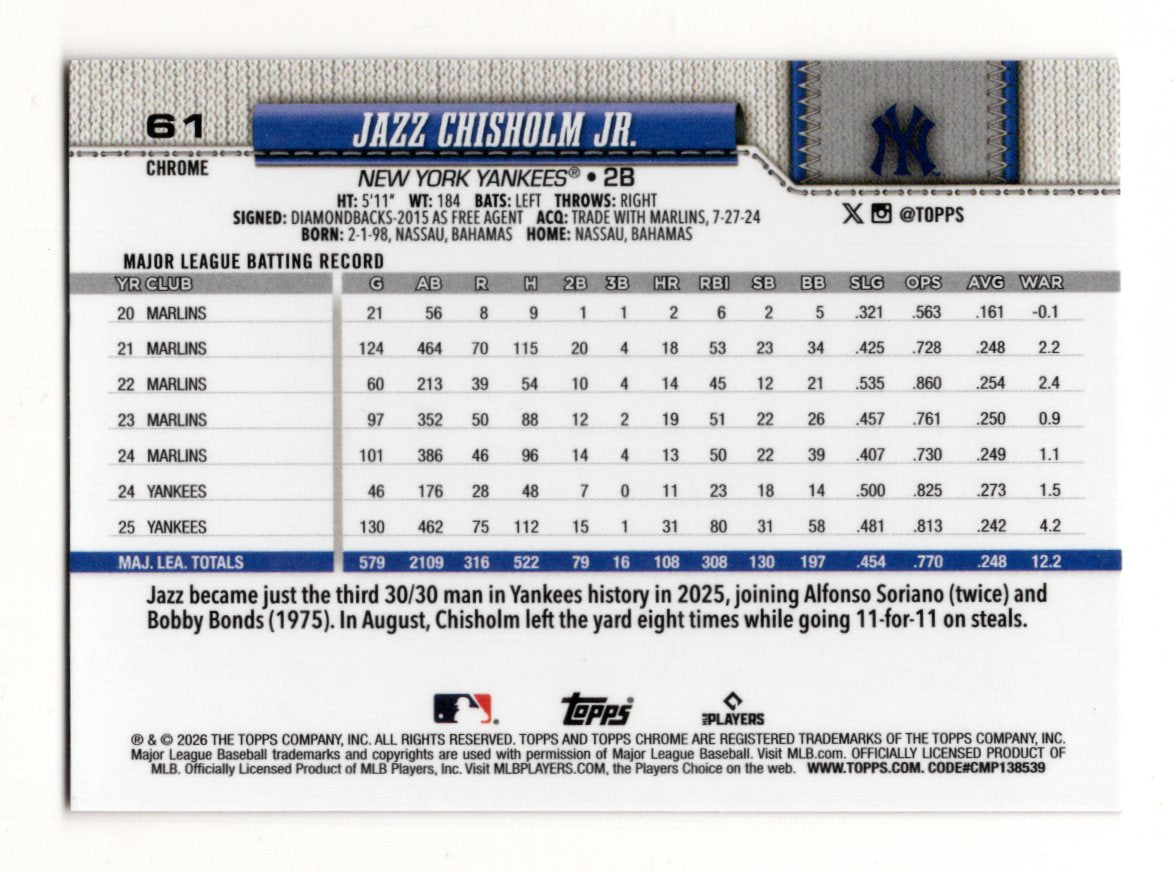 2026 Topps Chrome Jazz Chisholm Jr. Baseball Seams Refractors New York Yankees