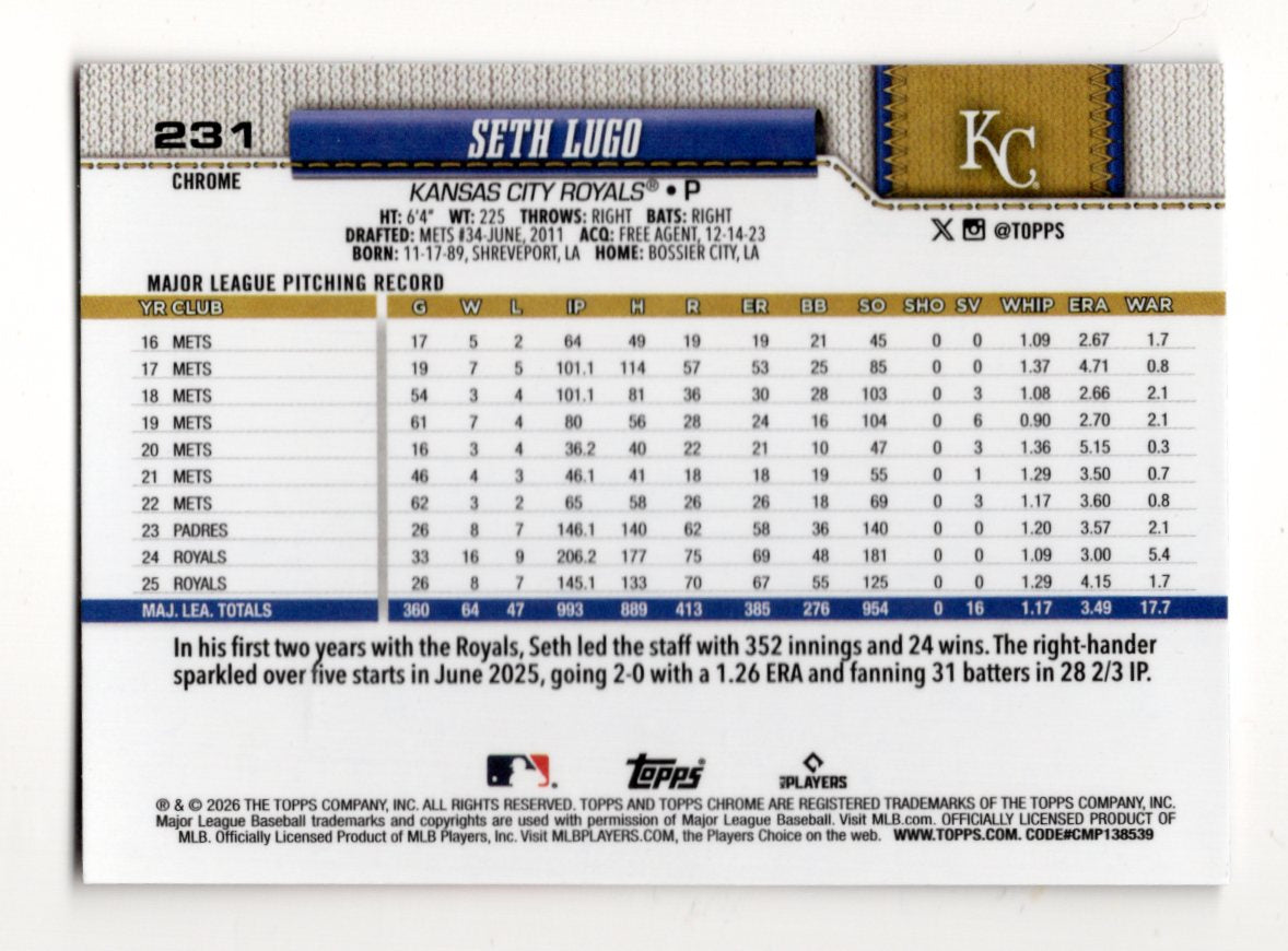 2026 Topps Chrome Seth Lugo Card Red White and Blue Refractors Royals