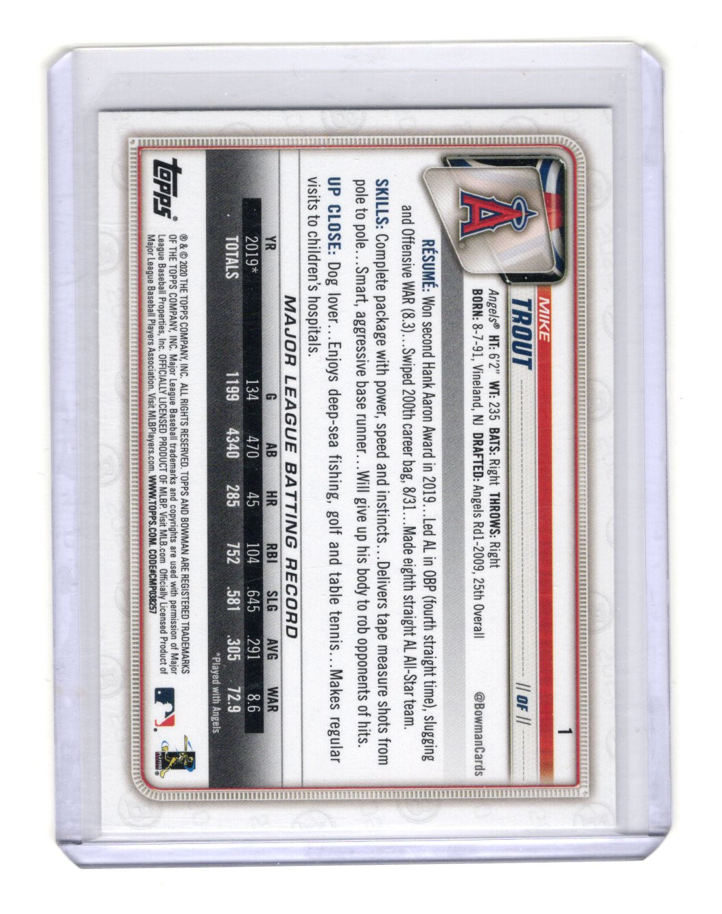 2020 Bowman Mike Trout Card Los Angeles Angels