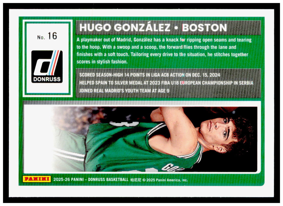 2025-26 Donruss Hugo Gonzalez Card Holo Green Laser Boston Celtics