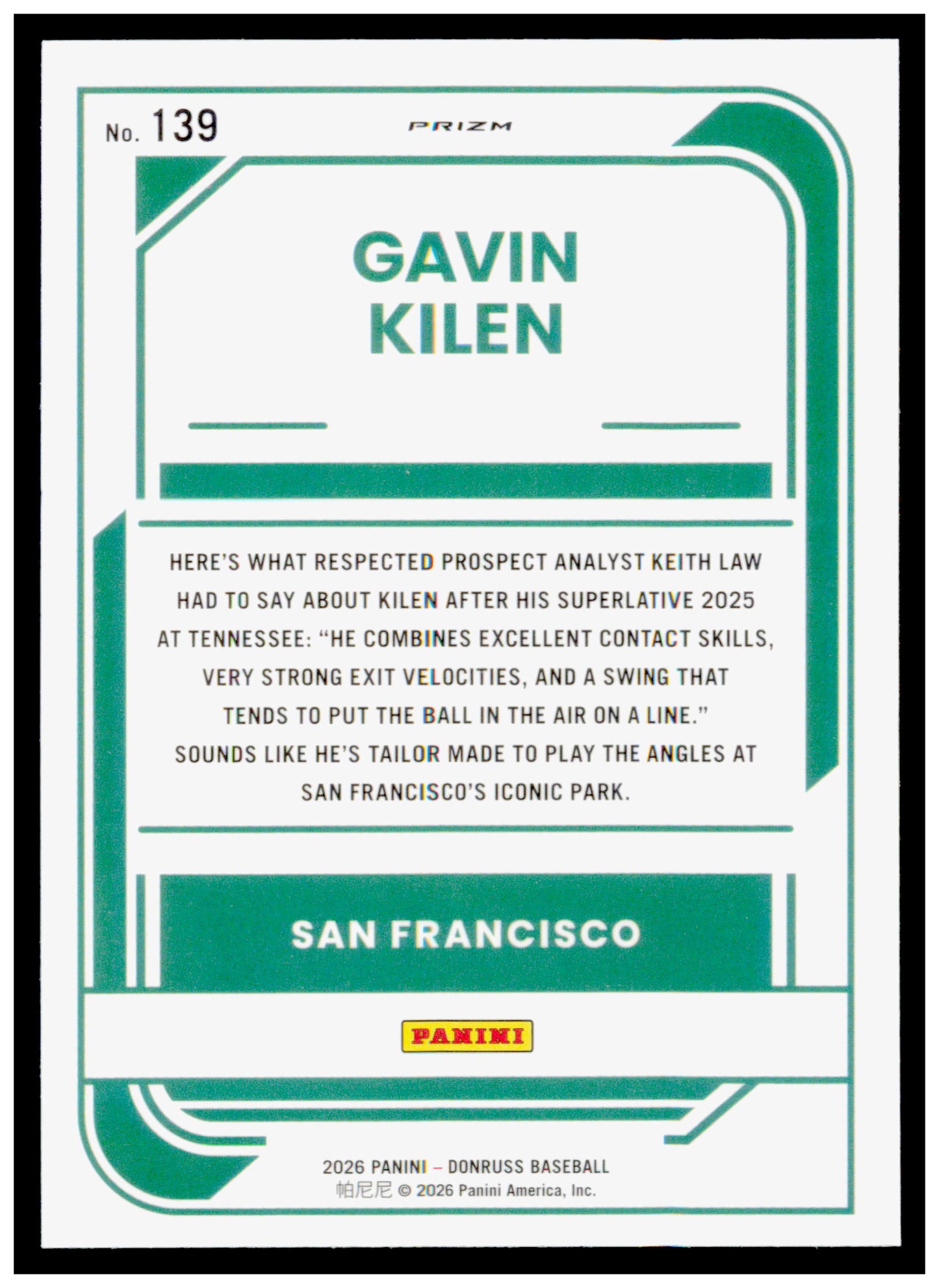2026 Donruss Gavin Kilen Card Optic Blue Velocity San Francisco Giants