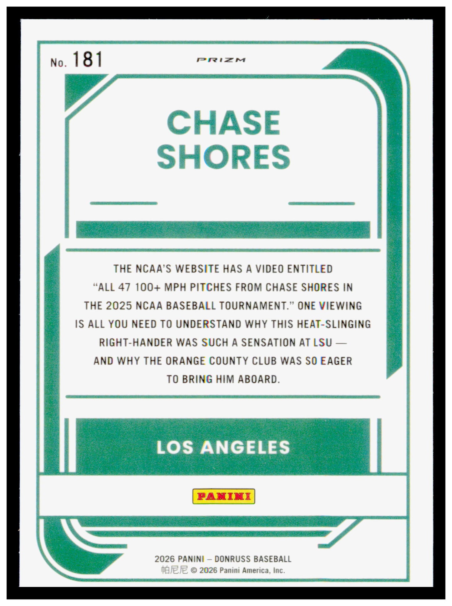 2026 Donruss Chase Shores Card Optic Blue Velocity Los Angeles Angels