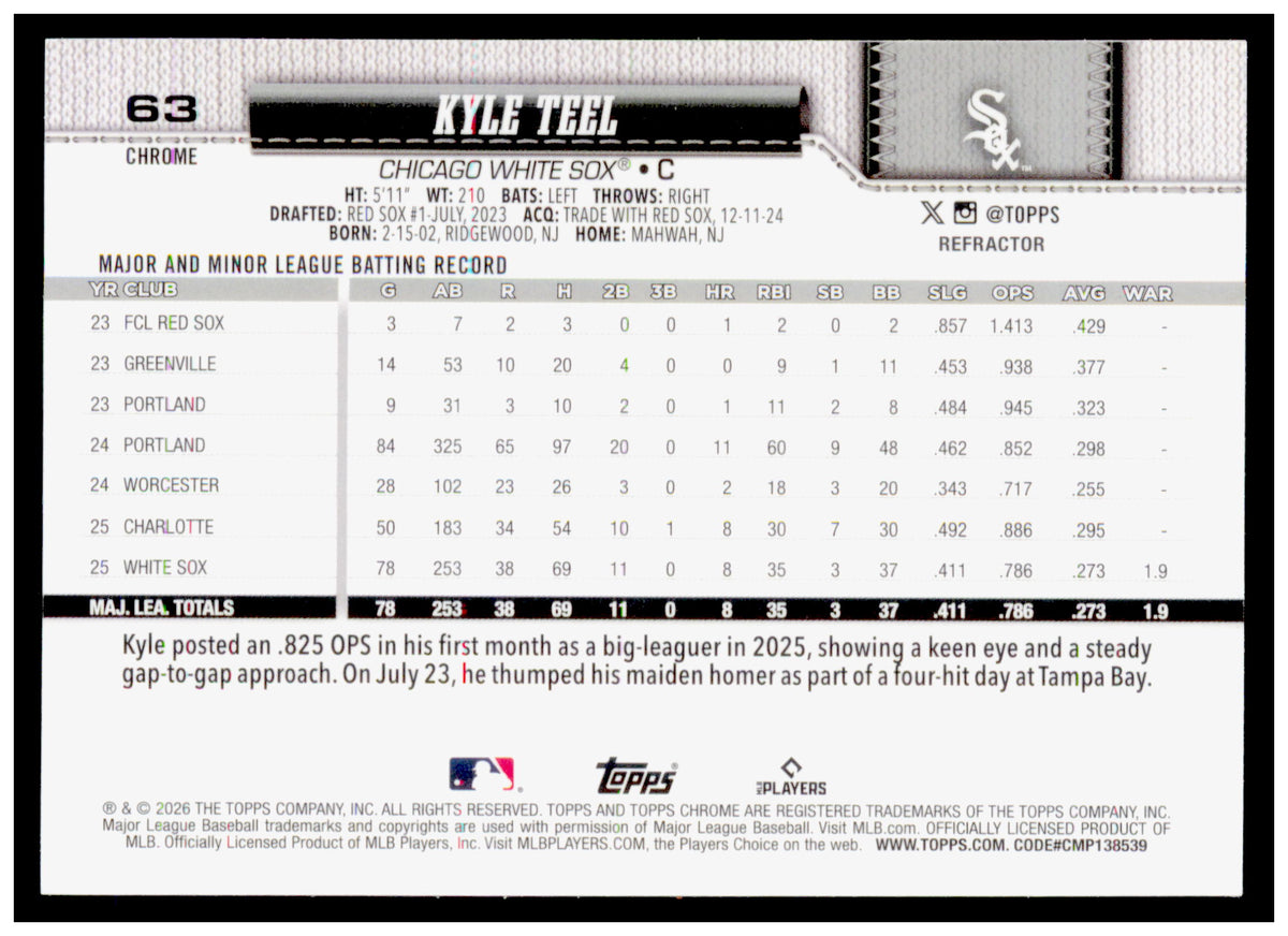 2026 Topps Chrome Kyle Teel Card Topps Refractor RC Chicago White Sox
