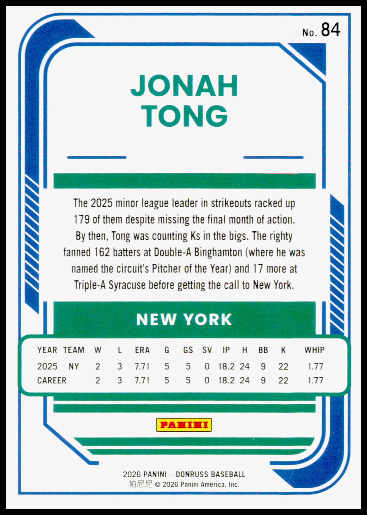 2026 Donruss Jonah Tong Card Rockets RC New York Mets