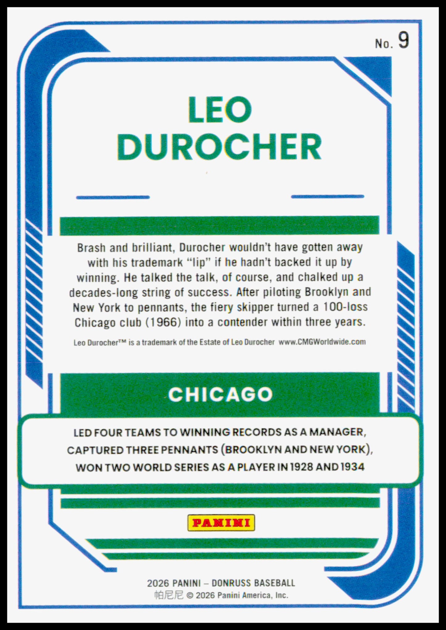 2026 Donruss Leo Durocher Card Optic Chicago Cubs