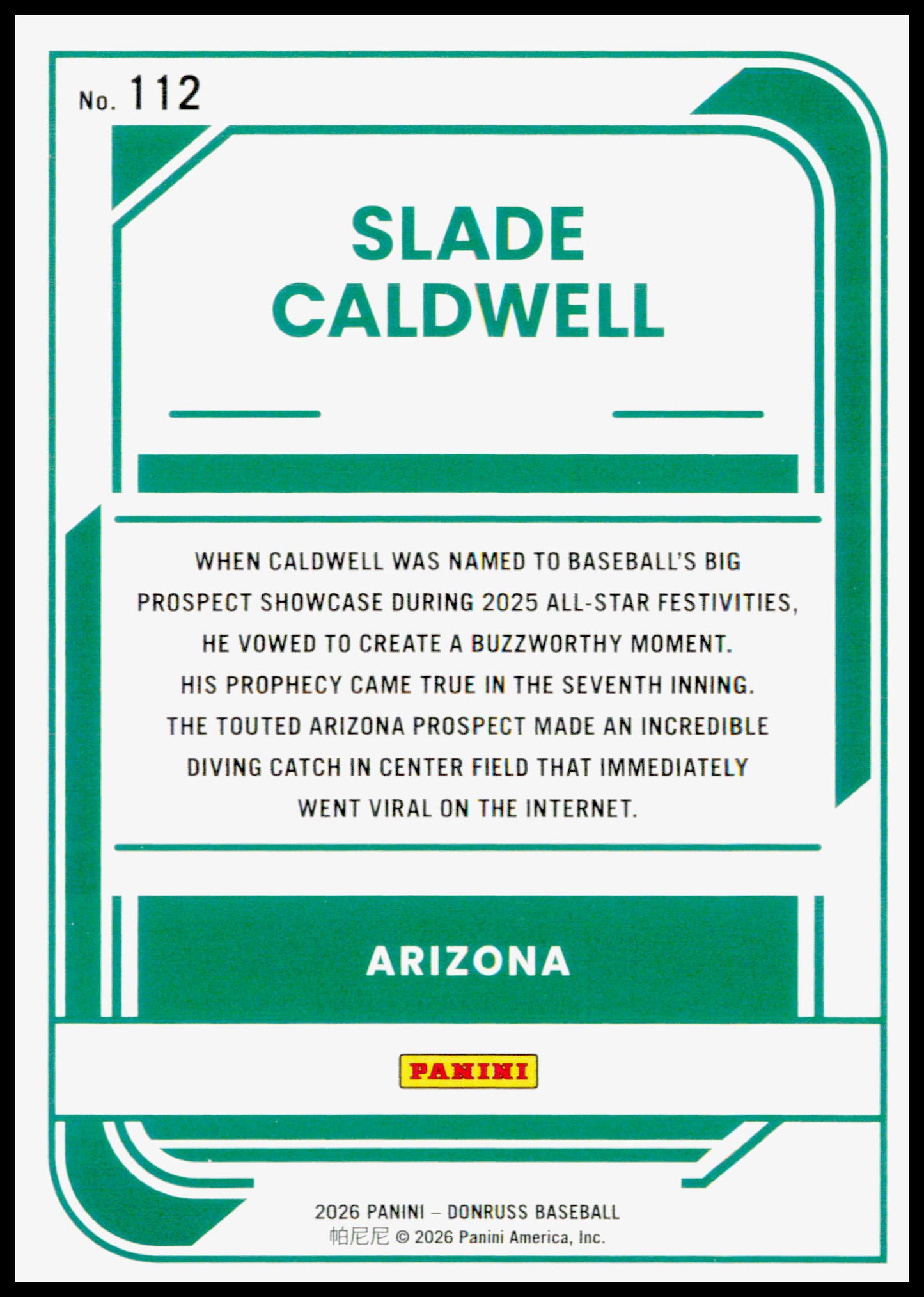 2026 Donruss Slade Caldwell Card Liberty Arizona Diamondbacks