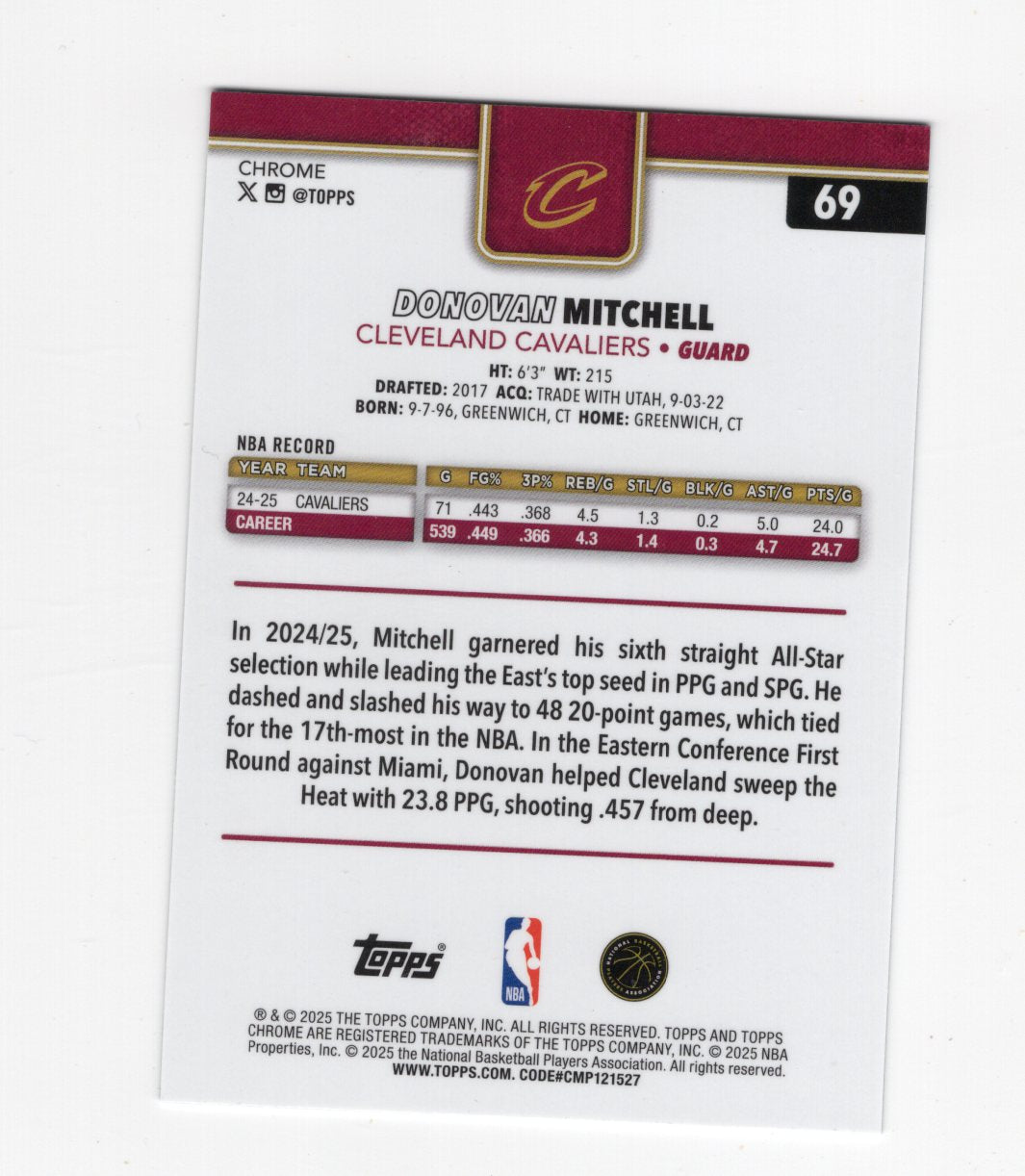 2025-26 Topps Chrome Donovan Mitchell Card Blue Refractor SN Cleveland Cavaliers
