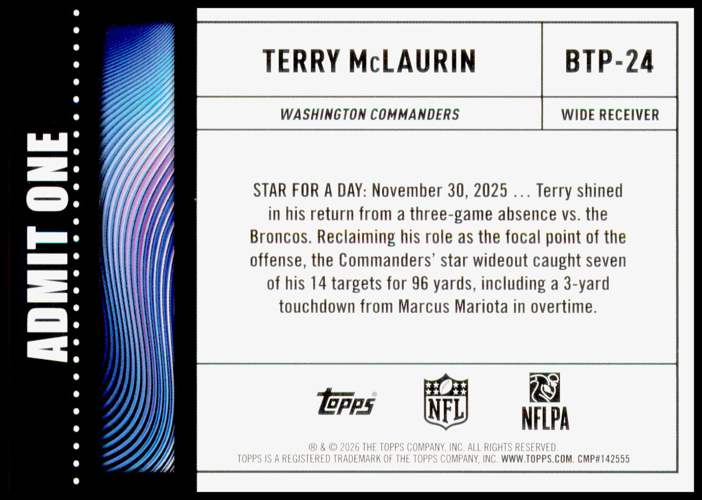 2026 Topps Flagship Terry McLaurin Card Big Ticket Players Washington Commanders