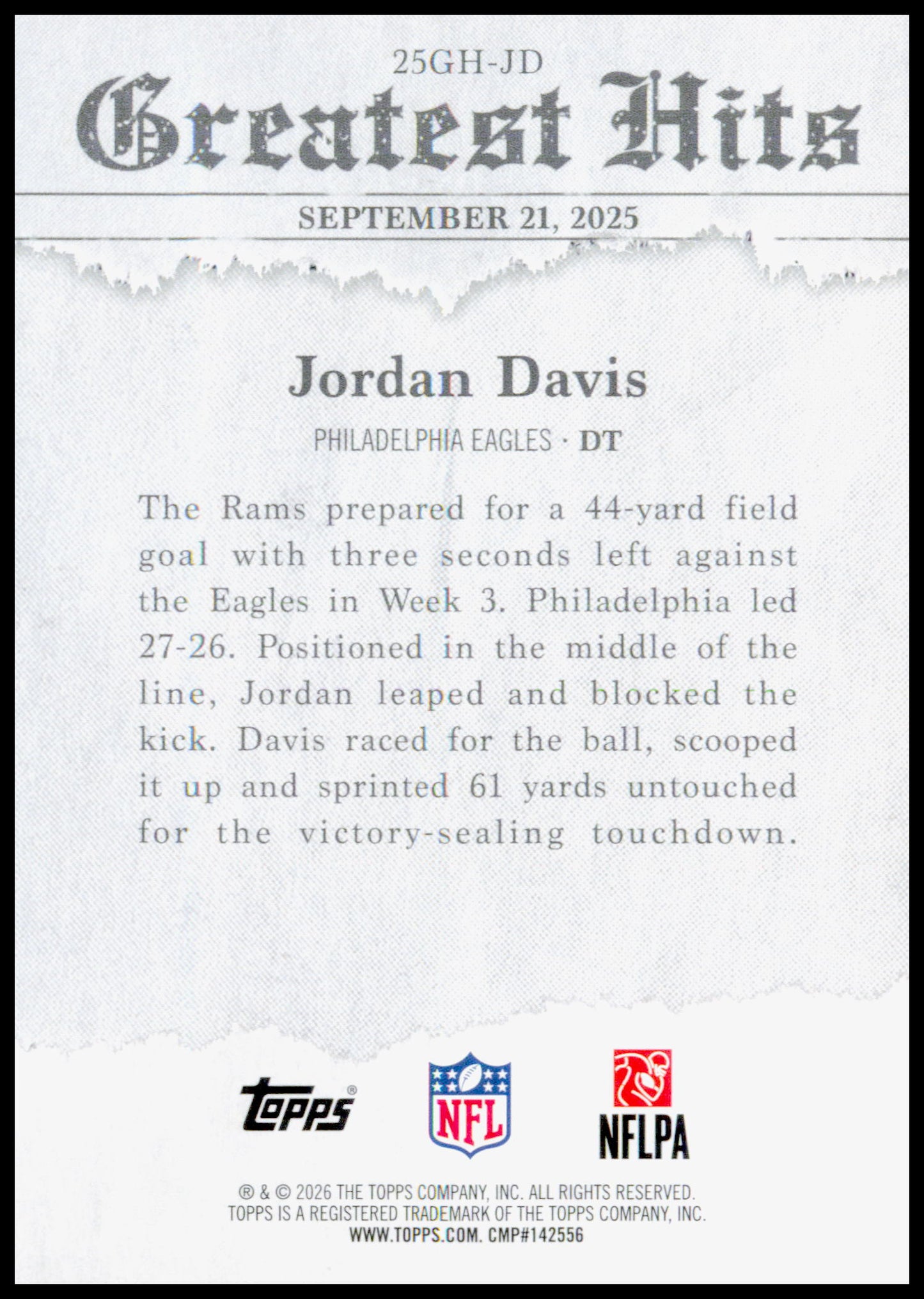 2026 Topps Flagship Jordan Davis Card 2025 Greatest Hits Philadelphia Eagles