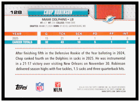 2026 Topps Flagship Football Chop Robinson Football Leather Parallel Dolphins
