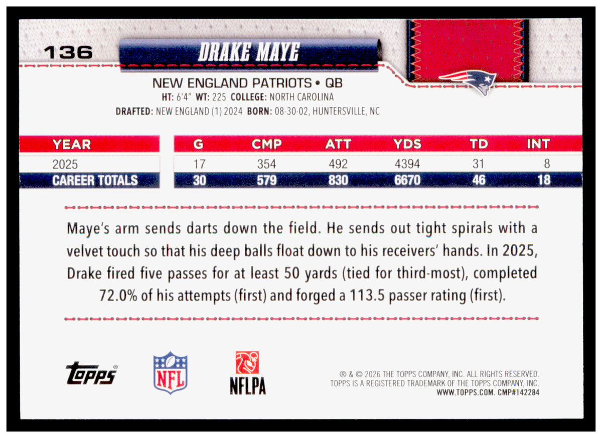 2026 Topps Flagship Football Drake Maye #136 Sandglitter Foil Parallel Patriots