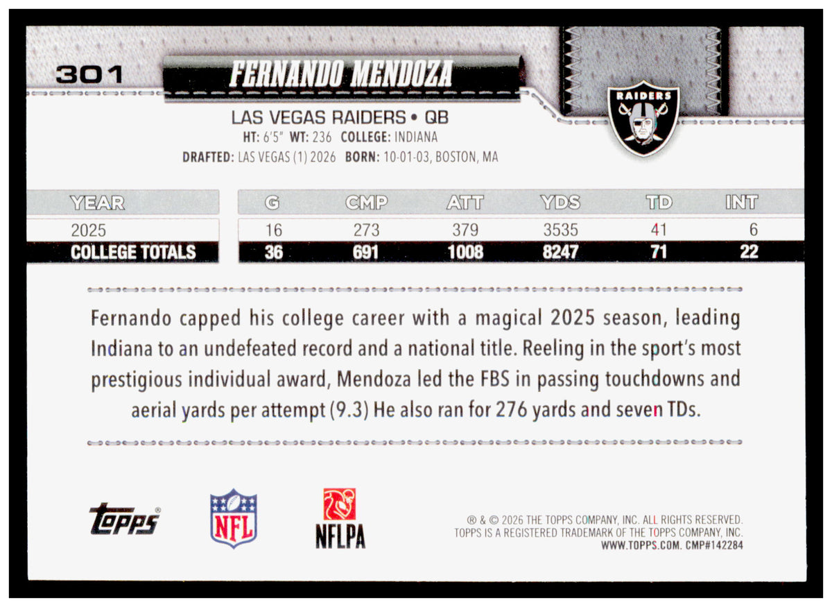 2026 Topps Flagship Fernando Mendoza Las Vegas Raiders