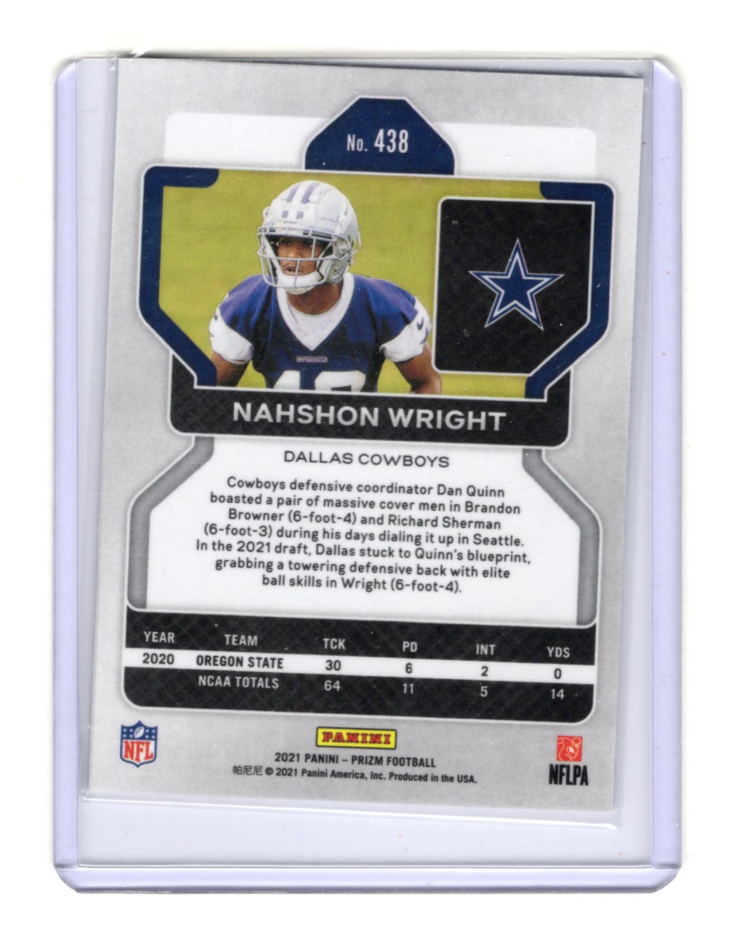2021 Panini Prizm Nahshon Wright Card Silver RC Dallas Cowboys