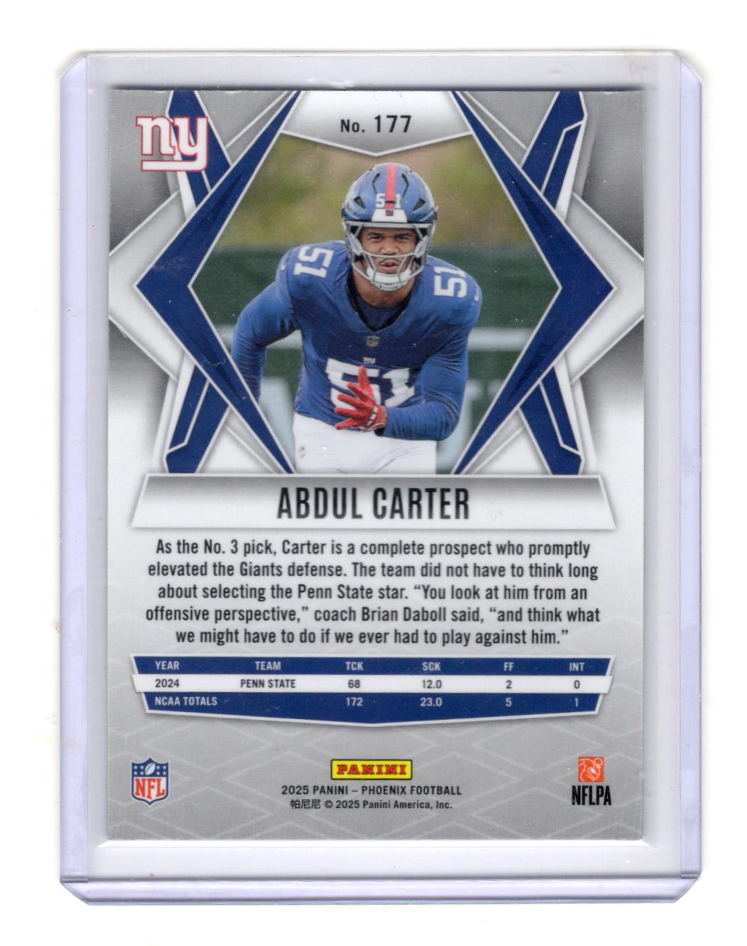 2025 Panini Phoenix Abdul Carter Card RC New York Giants
