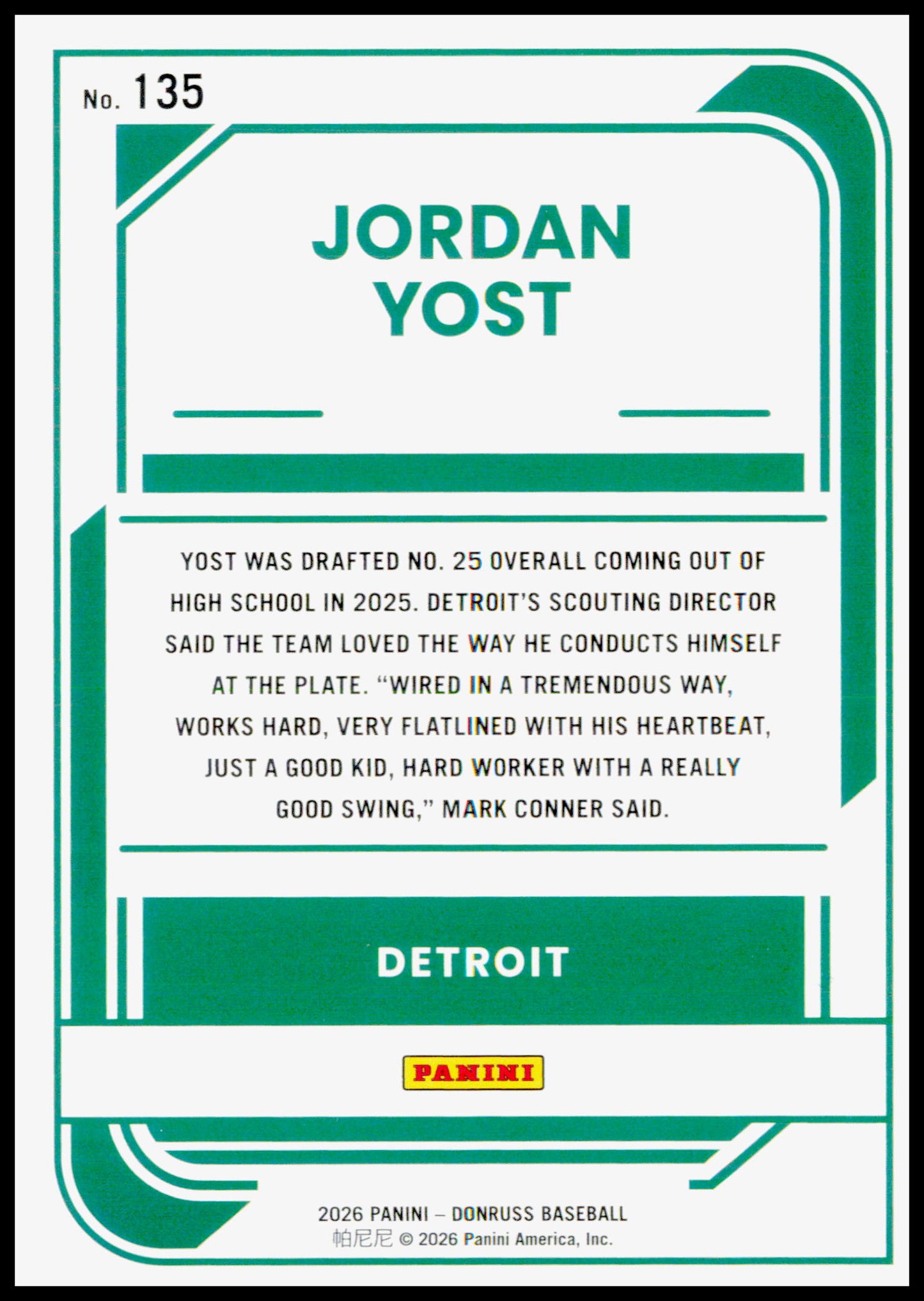 2026 Donruss Jordan Yost Card Rockets Detroit Tigers