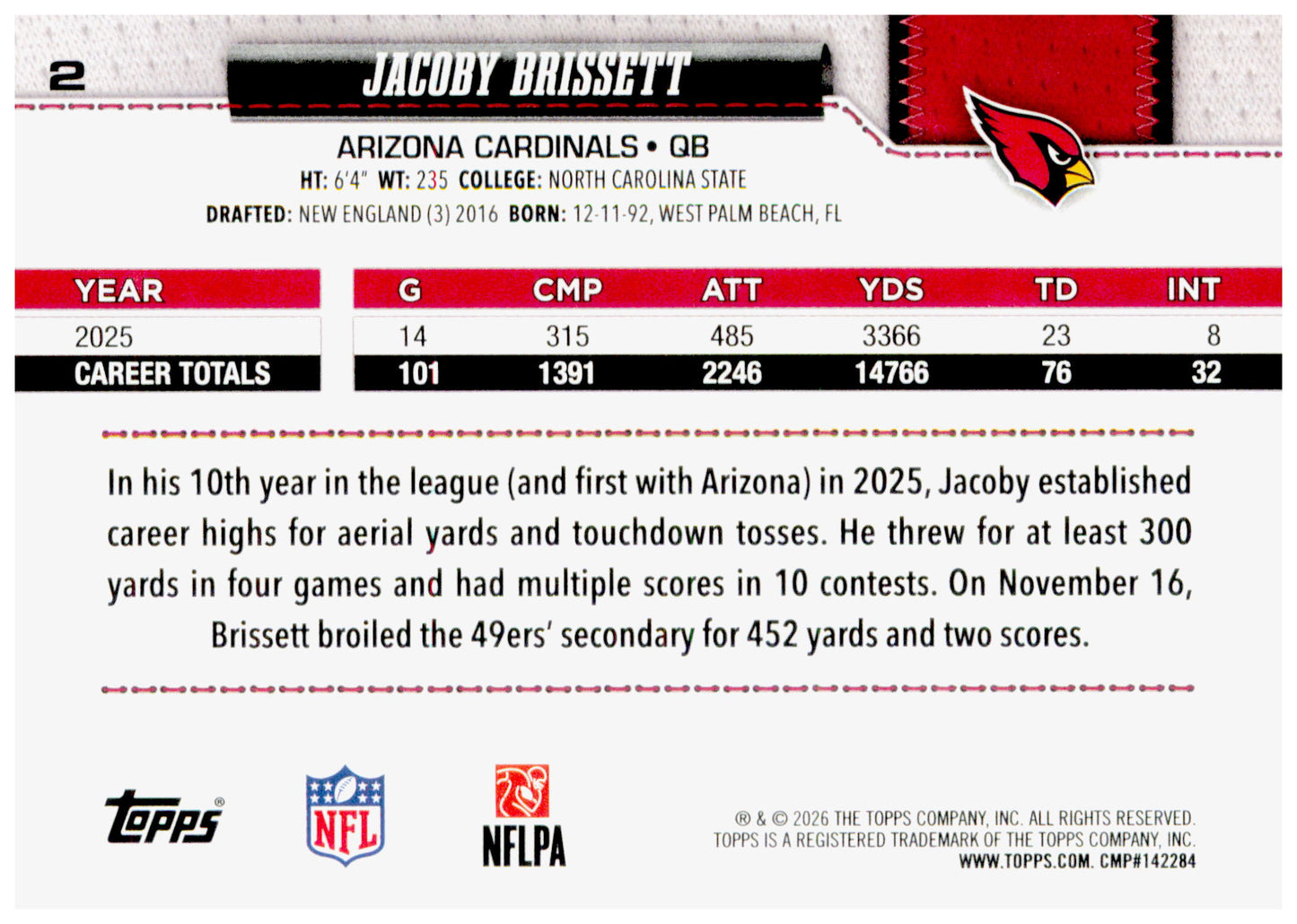2026 Topps Flagship Jacoby Brissett Card Football Arizona Cardinals