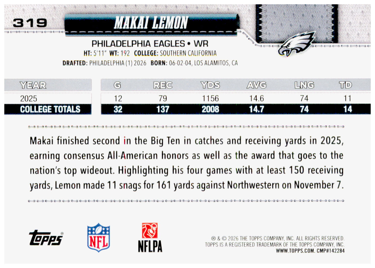 2026 Topps Flagship Makai Lemon Card Football Philadelphia Eagles