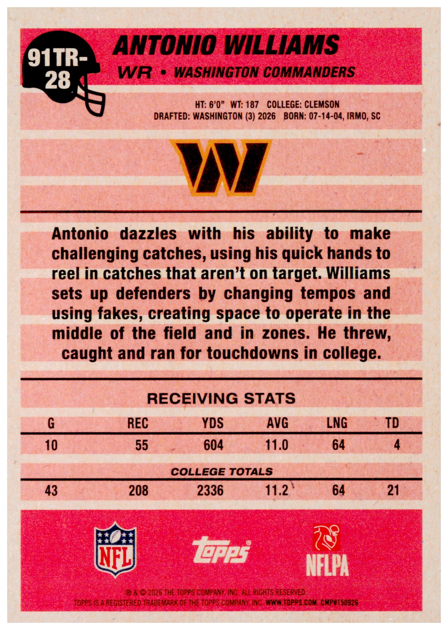 2026 Topps Flagship Antonio Williams 1991 Topps Football Rookies Commanders