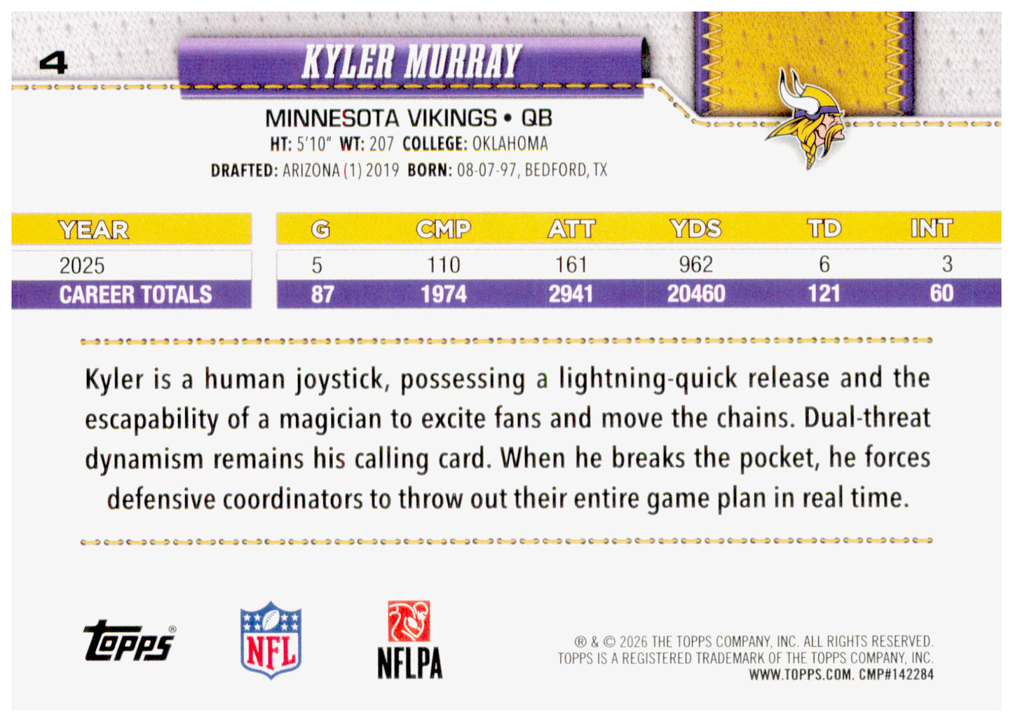 2026 Topps Flagship Kyler Murray Card Holo Foil Minnesota Vikings