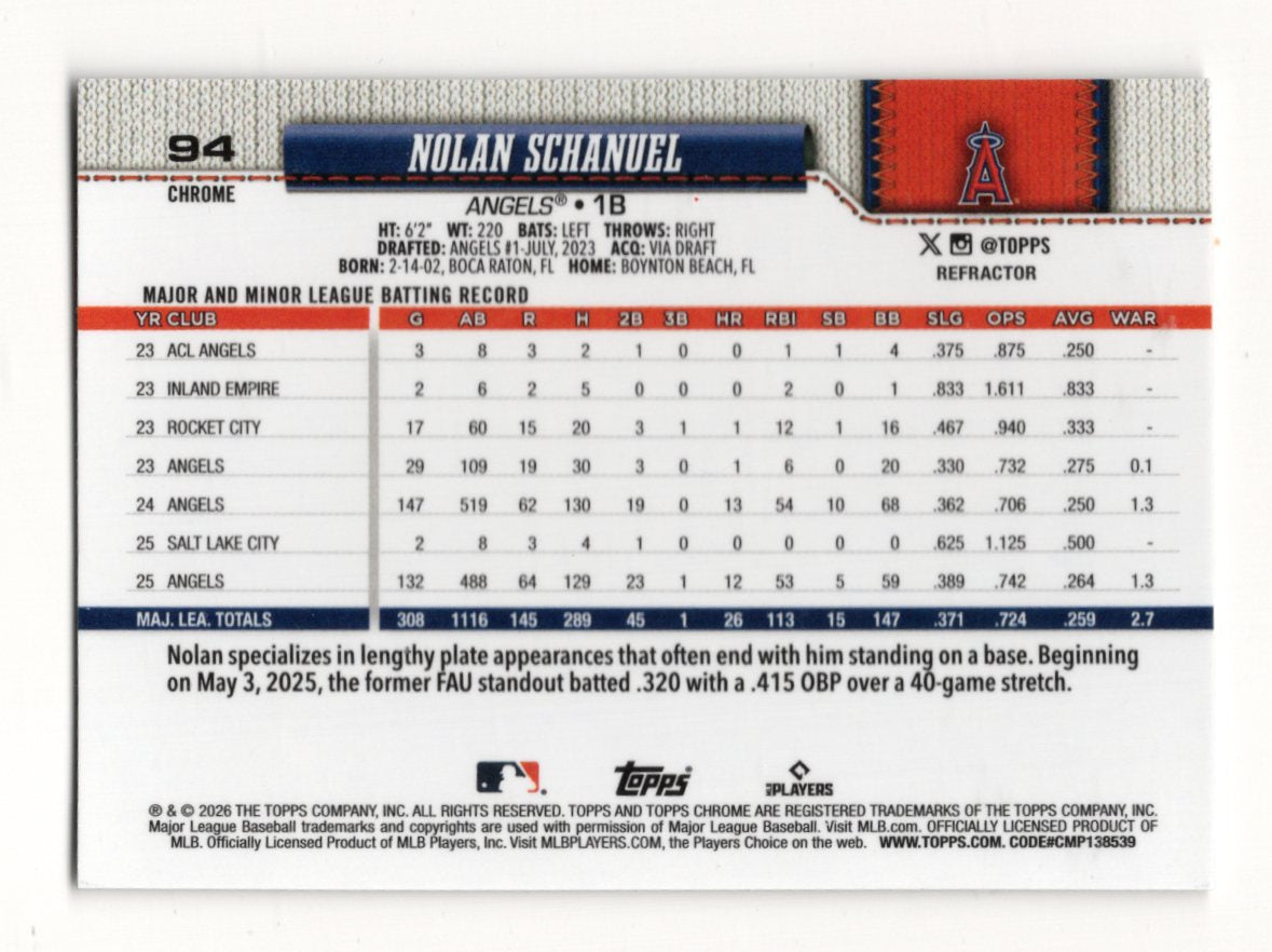 2026 Topps Chrome Nolan Schanuel Card Topps Refractor Los Angeles Angels