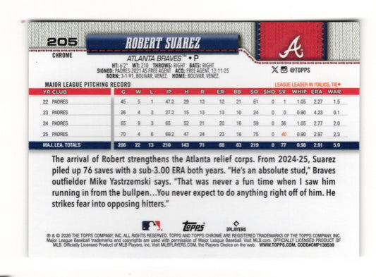 2026 Topps Chrome Robert Suarez Card Atlanta Braves
