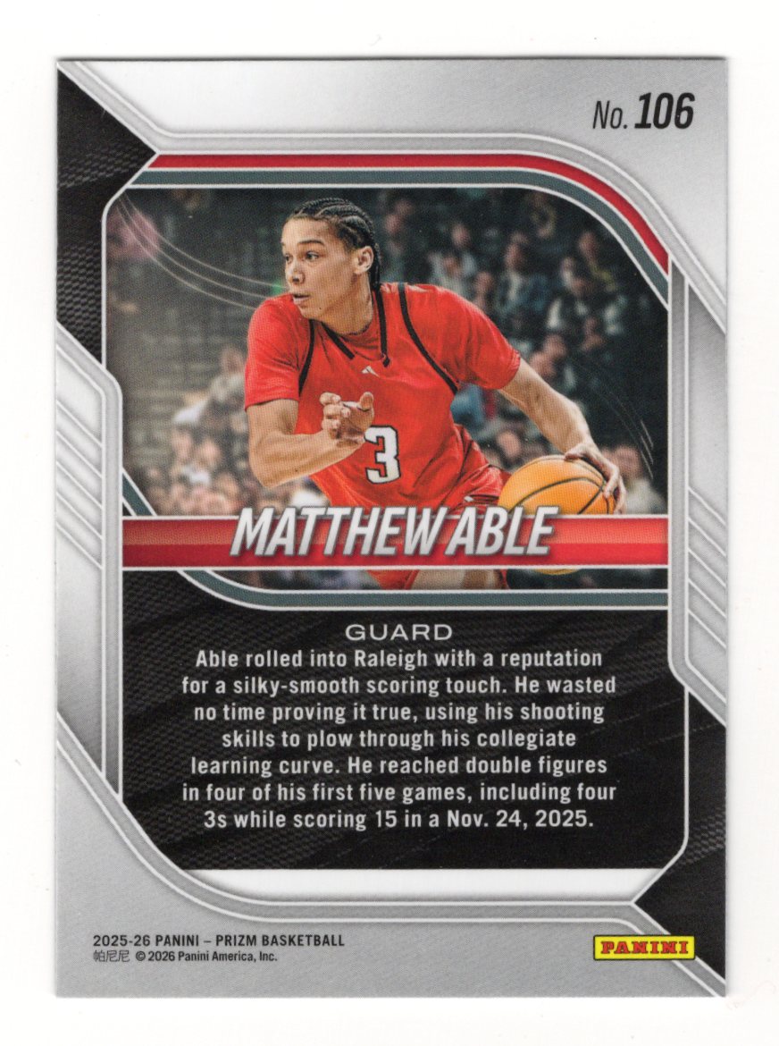 2025-26 Panini Prizm Matthew Able Card NC State Wolfpack