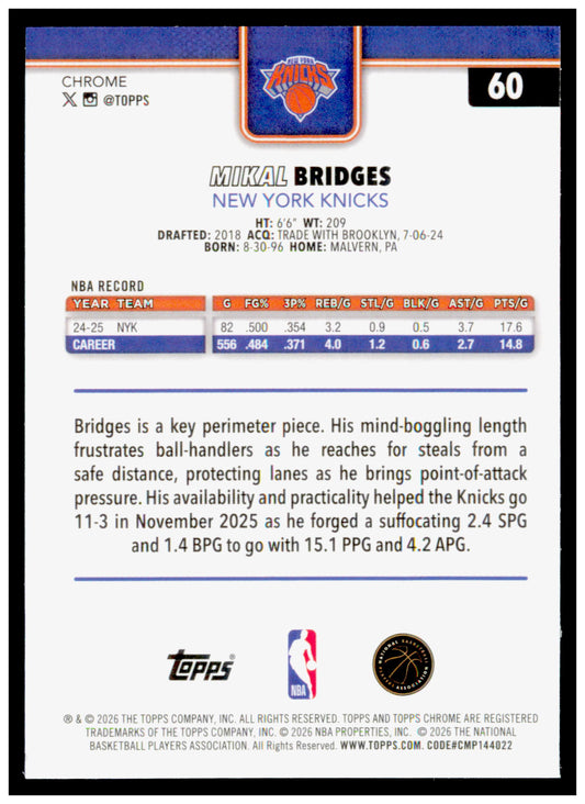 2025-26 Topps Chrome Update Mikal Bridges Card New York Knicks