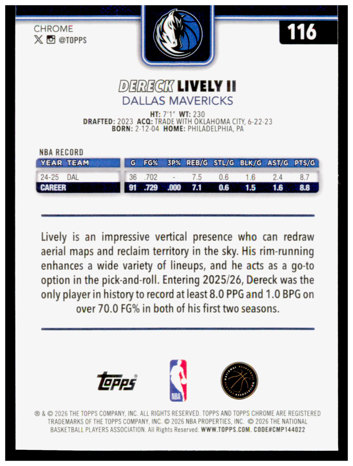 2025-26 Topps Chrome Update Dereck Lively II Card Dallas Mavericks