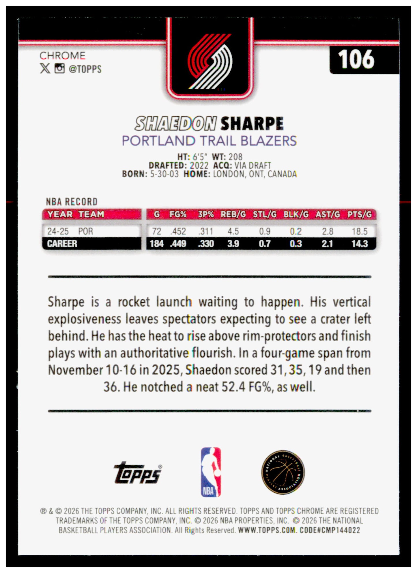 2025-26 Topps Chrome Update Shaedon Sharpe Card Portland Trail Blazers