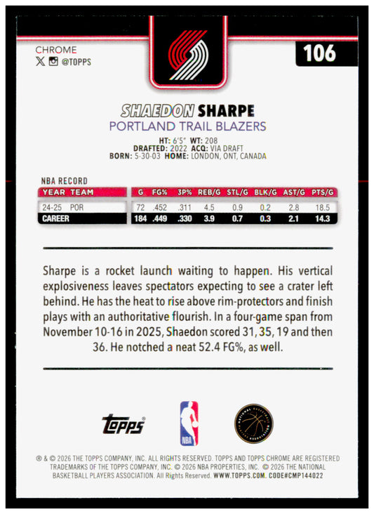 2025-26 Topps Chrome Update Shaedon Sharpe Card Portland Trail Blazers