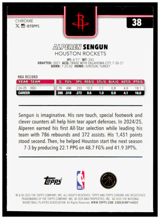 2025-26 Topps Chrome Update Alperen Sengun Card Houston Rockets