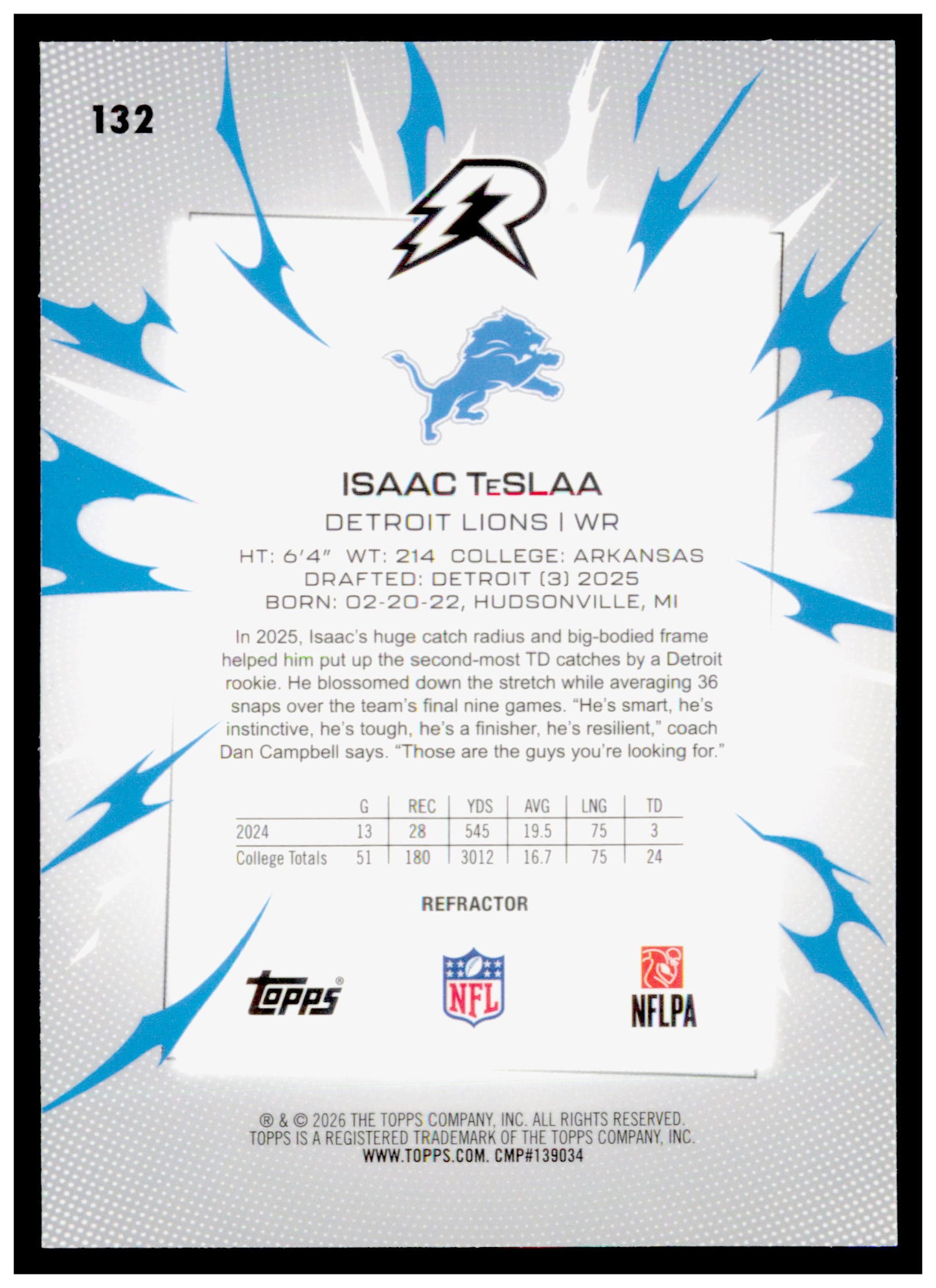 2025 Topps Resurgence Isaac TeSlaa Card Refractor Detroit Lions
