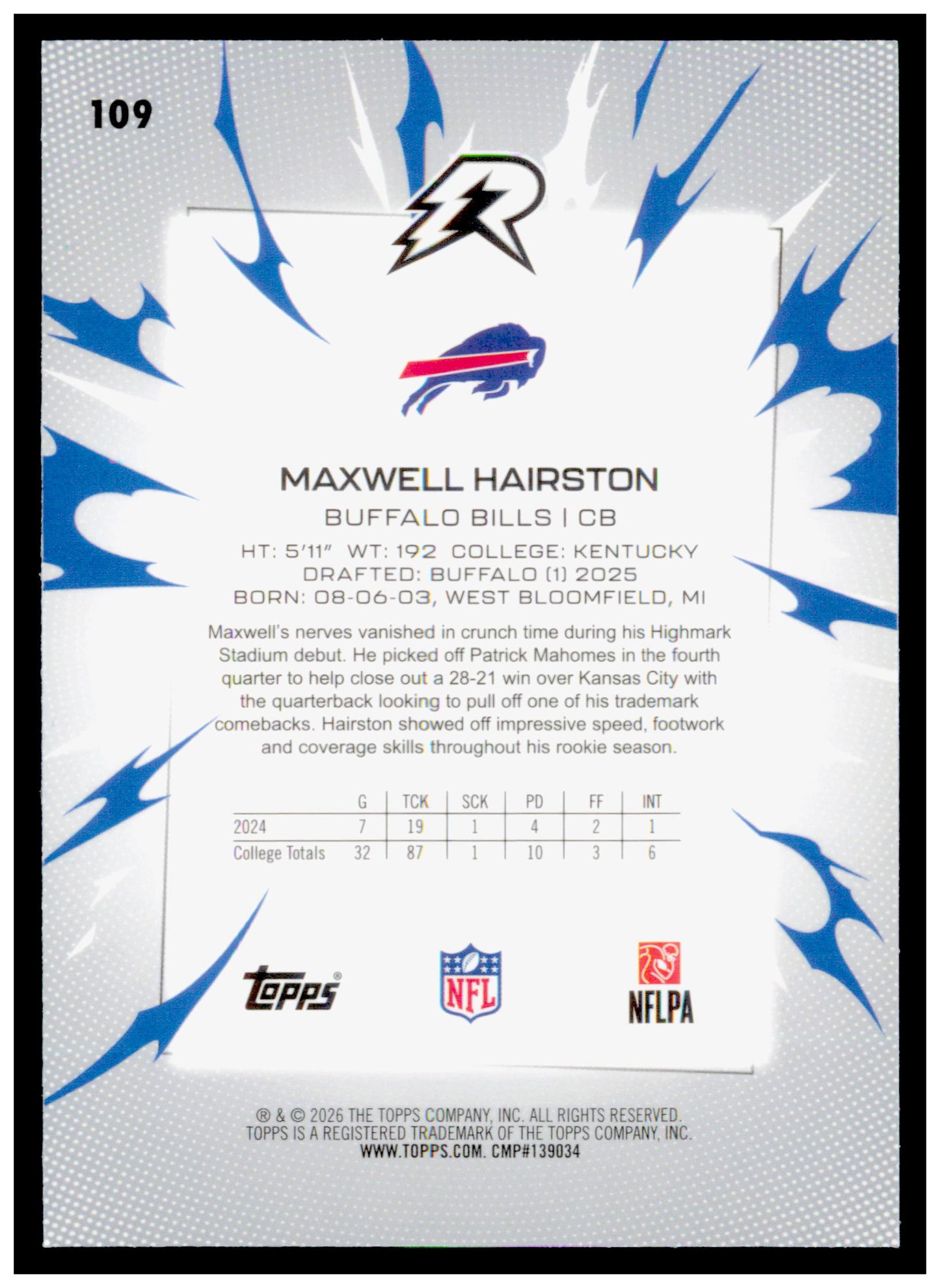 2025 Topps Resurgence Maxwell Hairston Card Prism Refractor Buffalo Bills