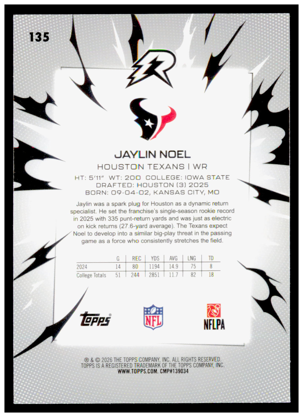 2025 Topps Resurgence Jaylin Noel Card RC Houston Texans